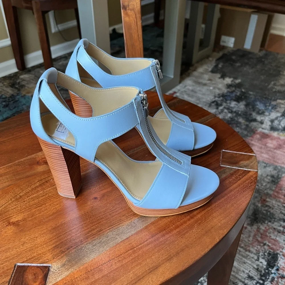Michael Kors Baby Blue T Strap Open Toe Zip Up Block Heel Platform Shoes